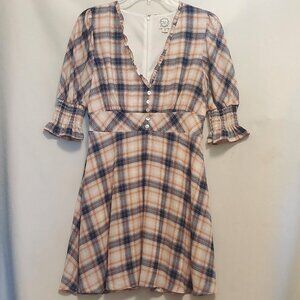 BLUE RAIN Fit And Flare Plaid, 3/4 Sleeve, Ruffled V Neck Dress.
